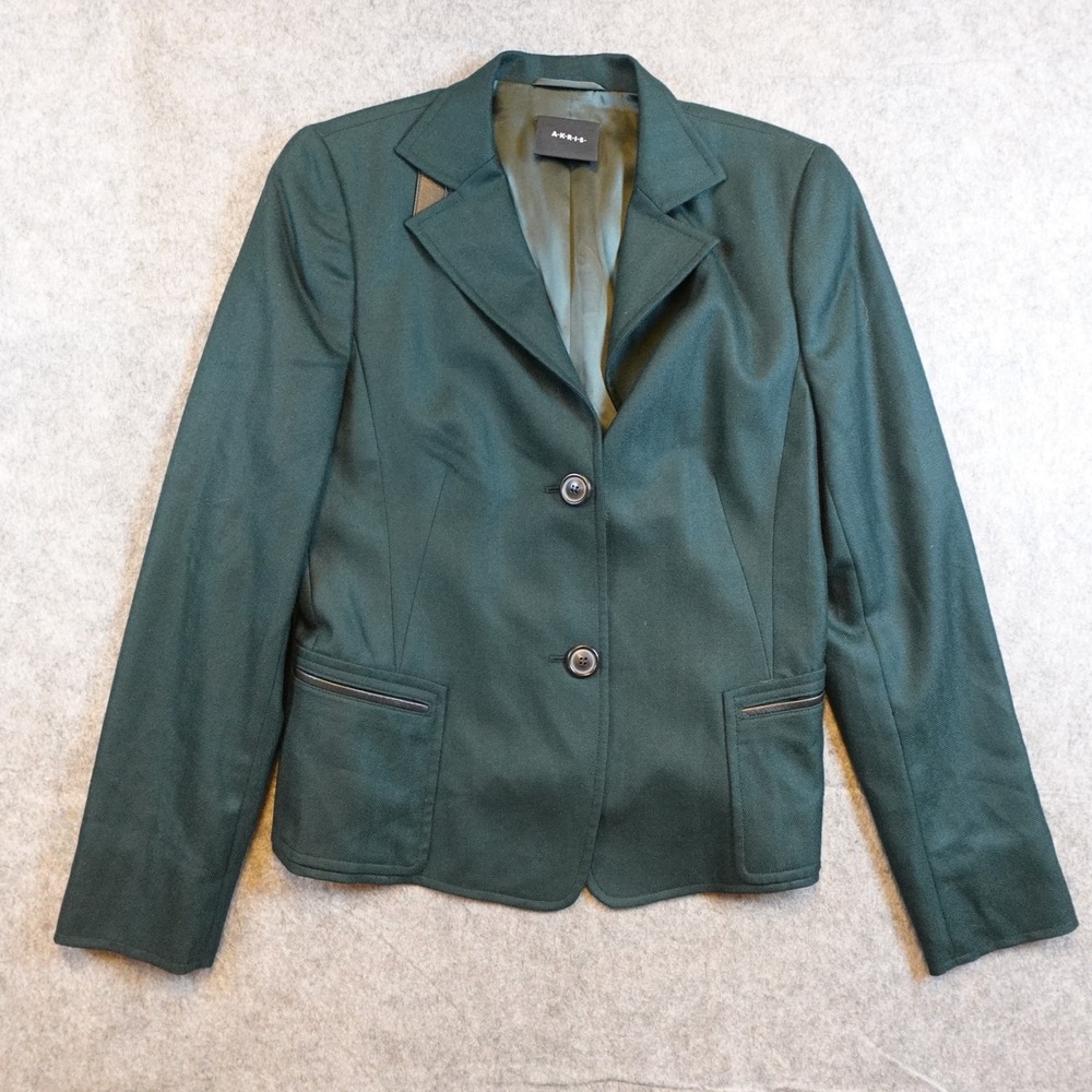 Akris Blazer Women 6 Green Cashmere Silk Lined Leather Trim Jacket 2 Button Luxe